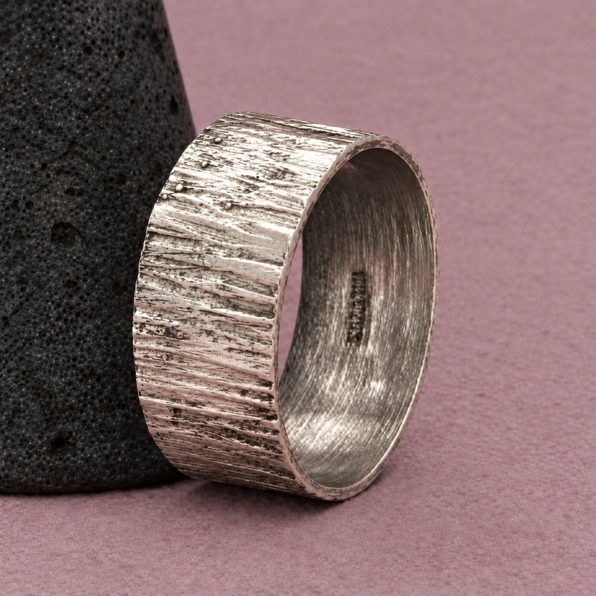Sterling Silver Vintage 9mm Denmark Bark Texture Wide Band Ring Size 10