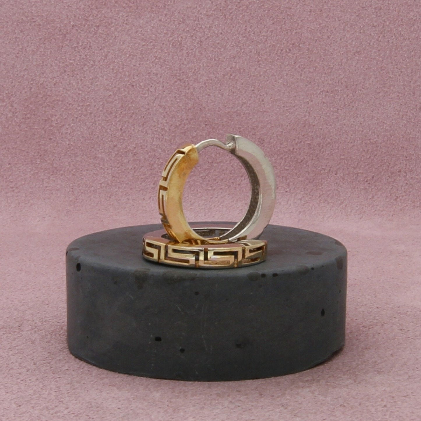 sterling silver two-tone greek key hoop earrings
