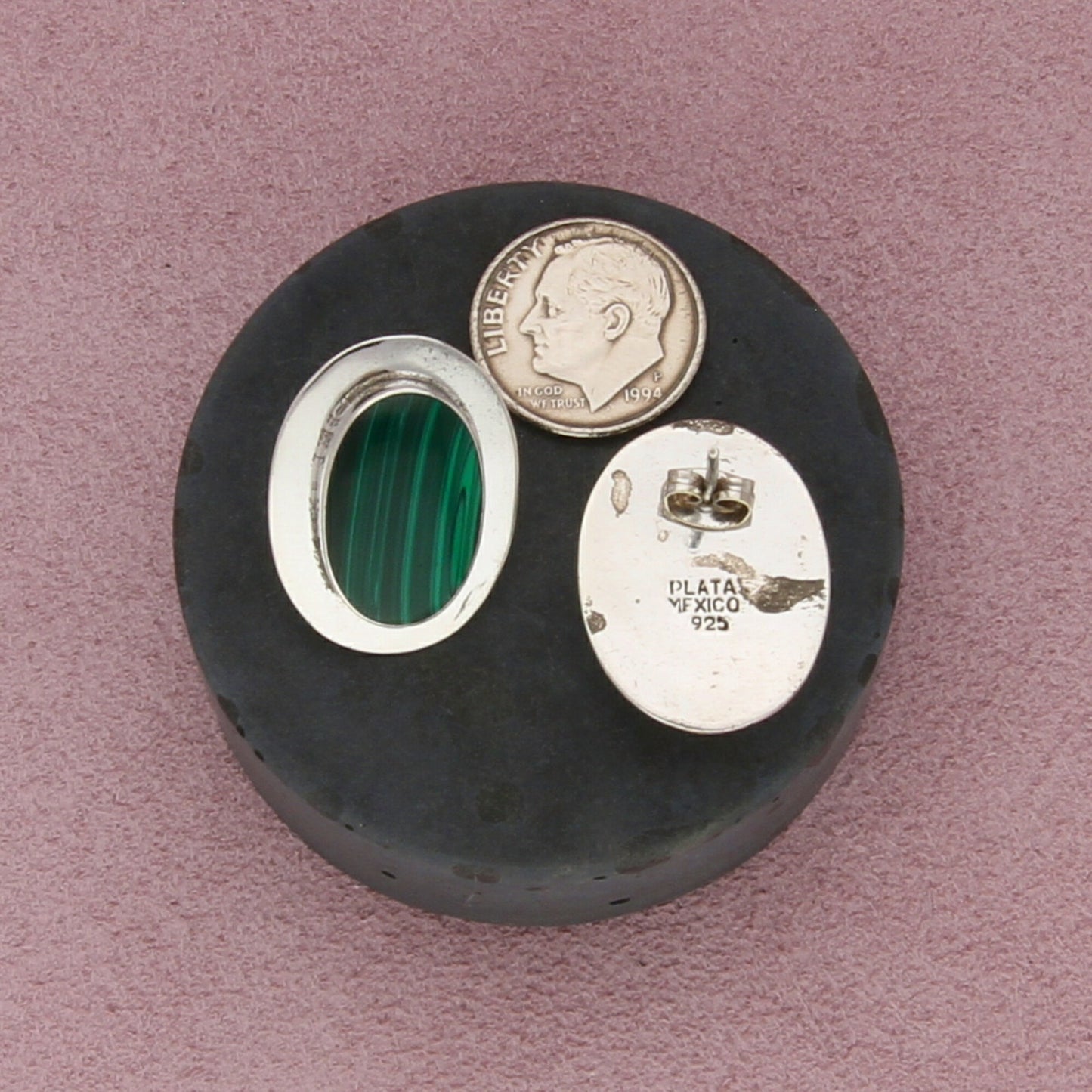 mexico sterling silver vintage malachite cabochon post earrings