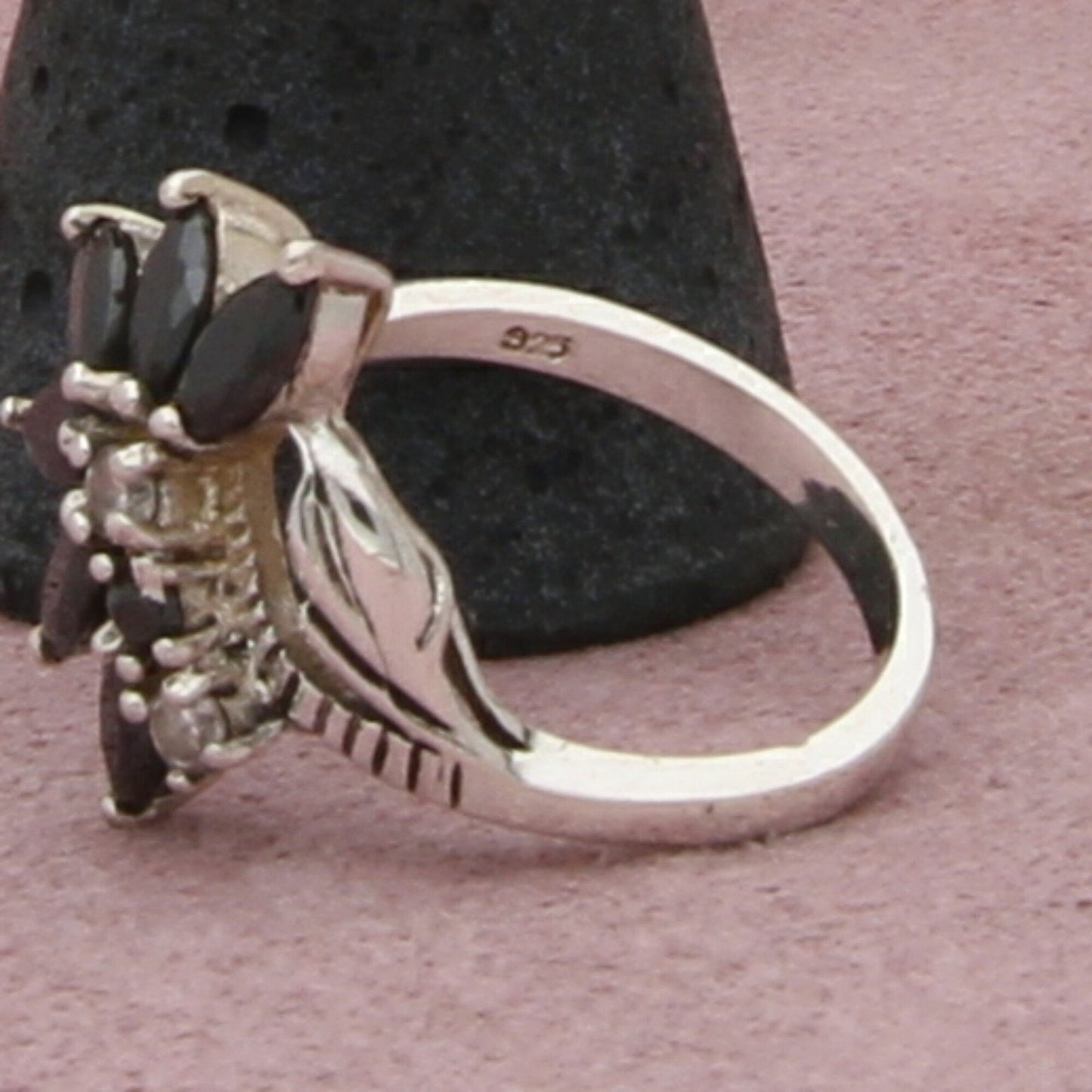 sterling silver marquise-cut black cz cluster ring size 7.75