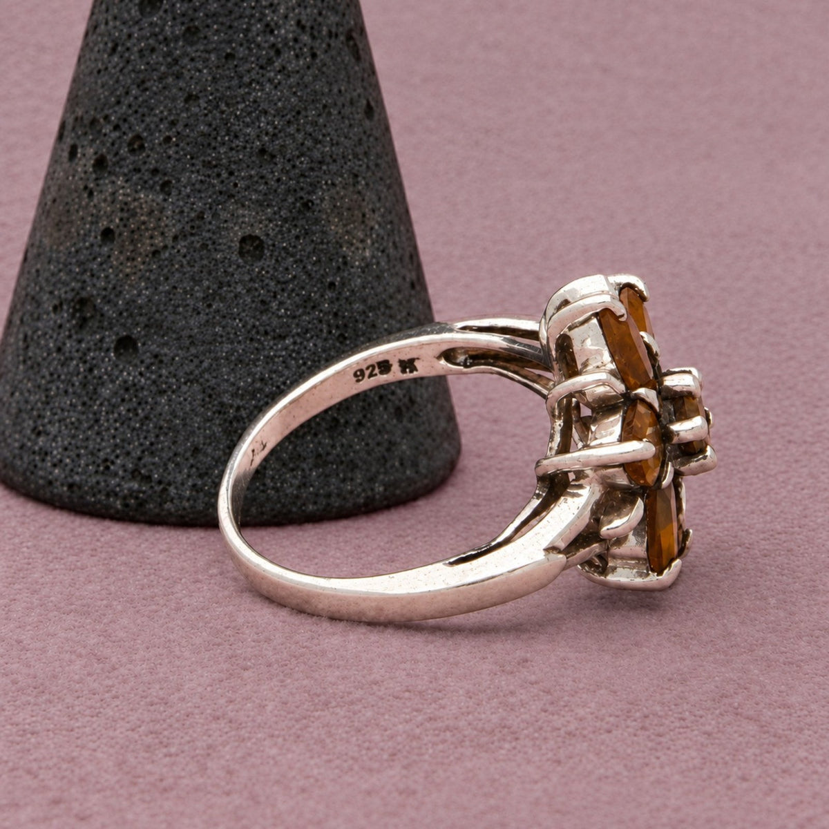 Sterling Silver Citrine Floral Cluster Petal Motif Prong-Set Ring Size 8