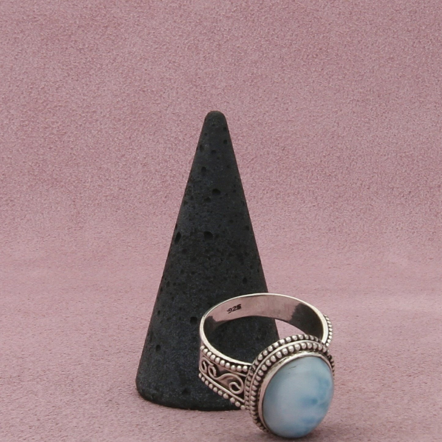 sterling silver beaded scroll blue larimar cabochon ring size 8.75