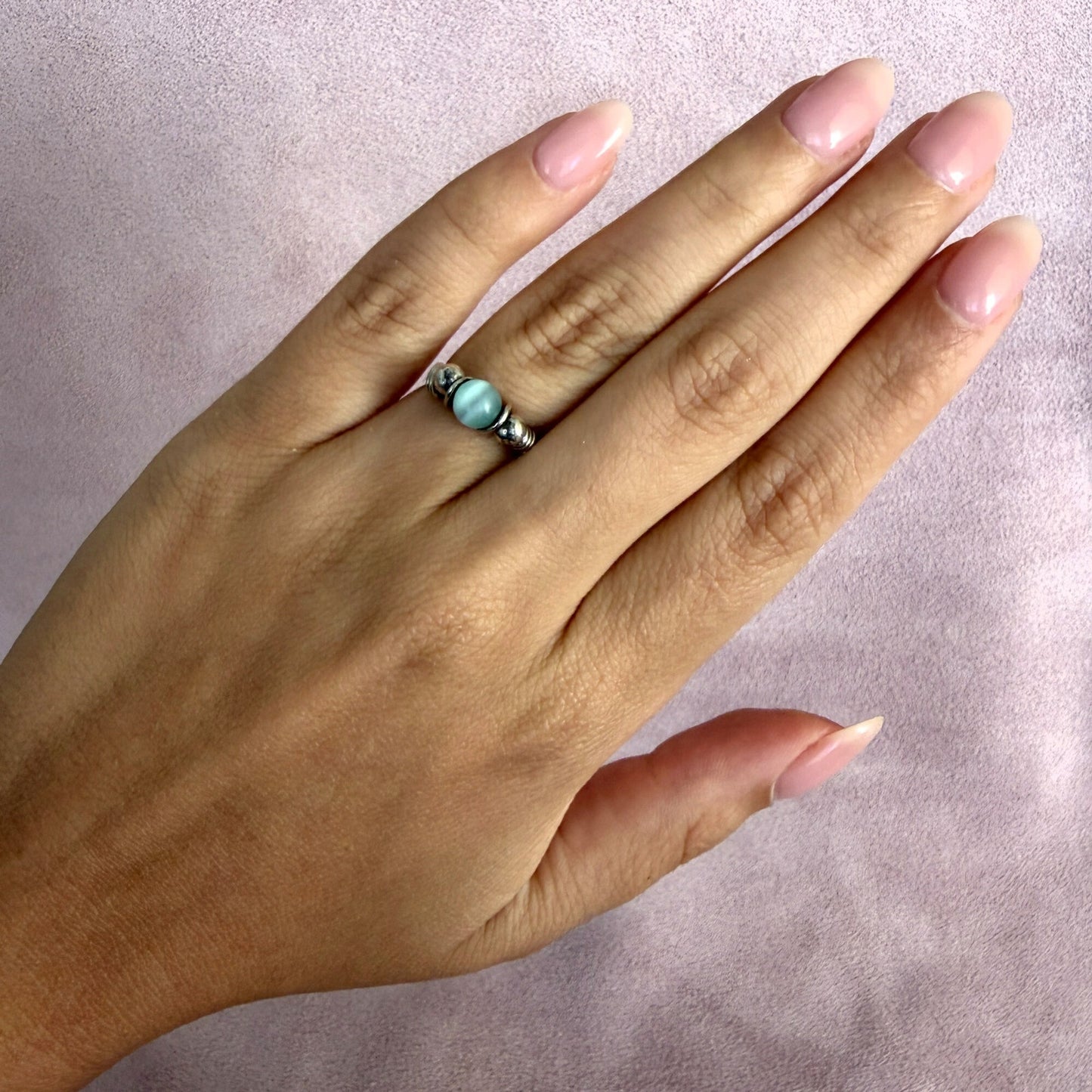 sterling silver wire wrapped blue cats eye bead ring size 5