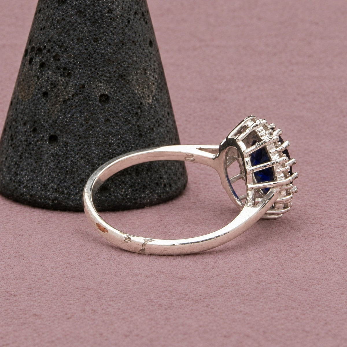 Sterling Silver Blue Spinel & Cz Halo Oval-Cut Prong-Set Ring Size 10