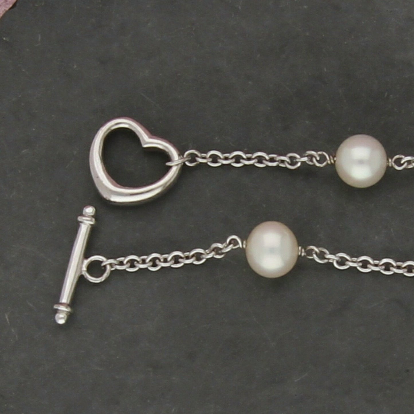 sterling silver pearl & heart station toggle bracelet size 7.5in