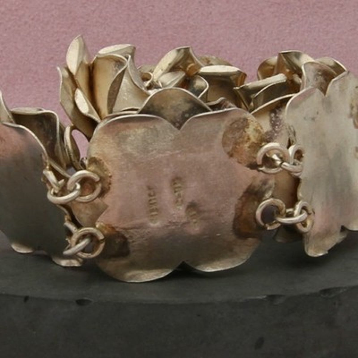 Taxco Mexico Sterling Silver Vintage Sculptural Flower Link Bracelet Size 7in