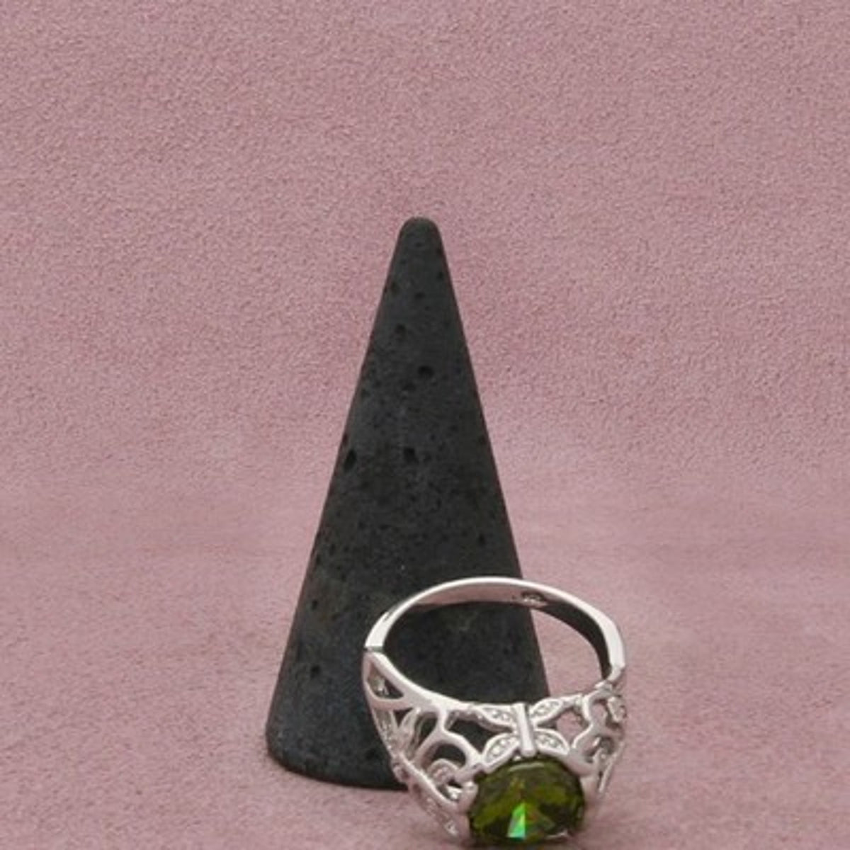 Sterling Silver Oval-Cut Green C Z Butterfly Openwork Ring Size 9.25