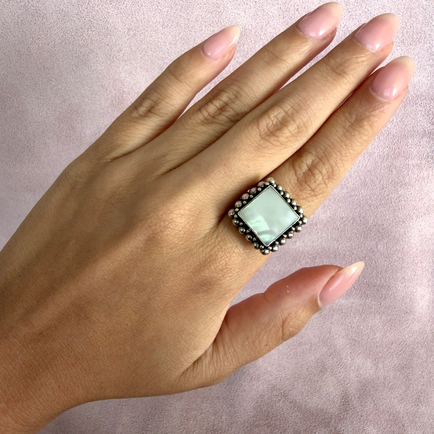 sterling silver vintage beaded mother of pearl square ring size 8.5