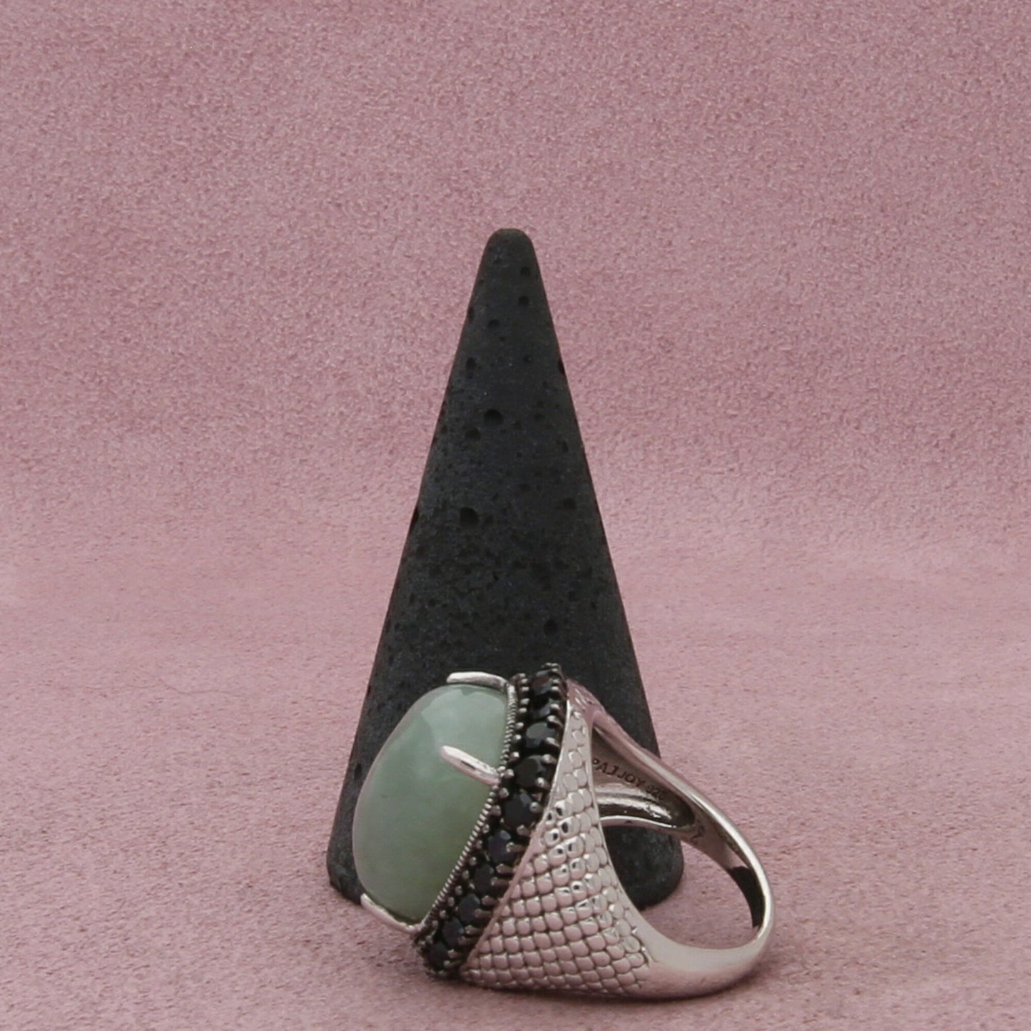 sterling silver jade & black tourmaline halo ring size 6