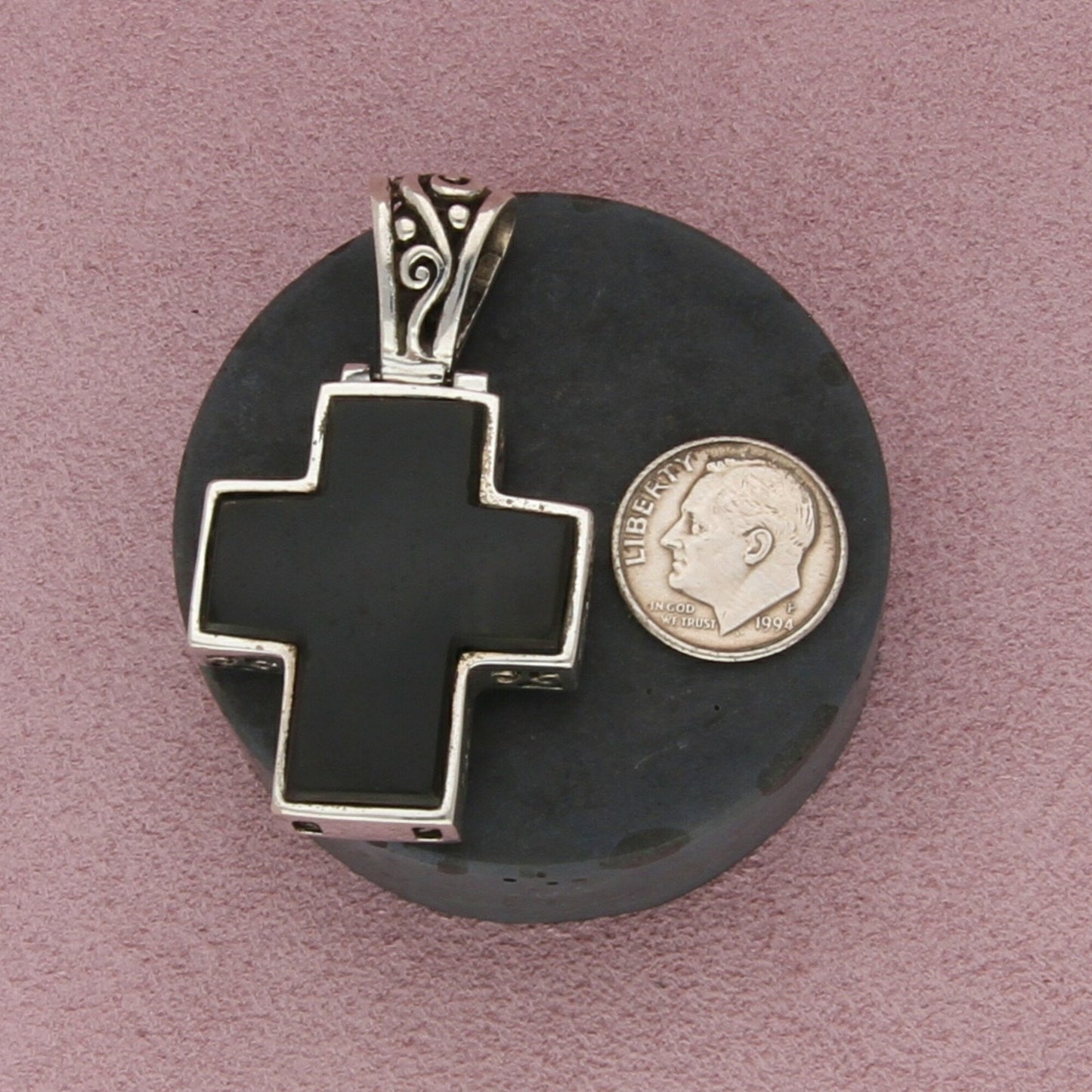 sterling silver chunky two-sided onyx & mother of pearl scroll cross pendant