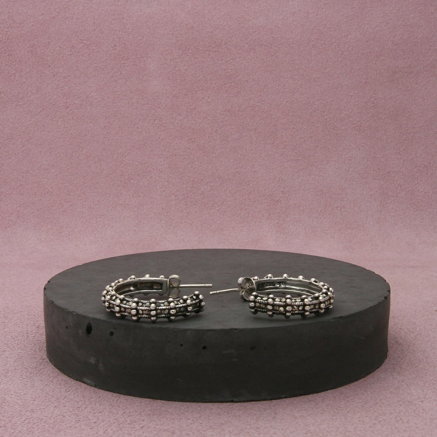 sterling silver 25mm beaded marcasite j-hoop earrings