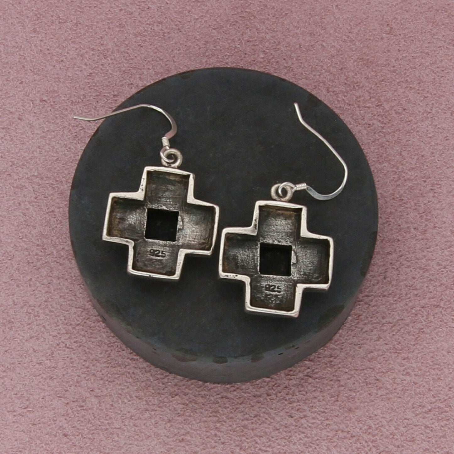 sterling silver vintage onyx beaded cross dangle earrings