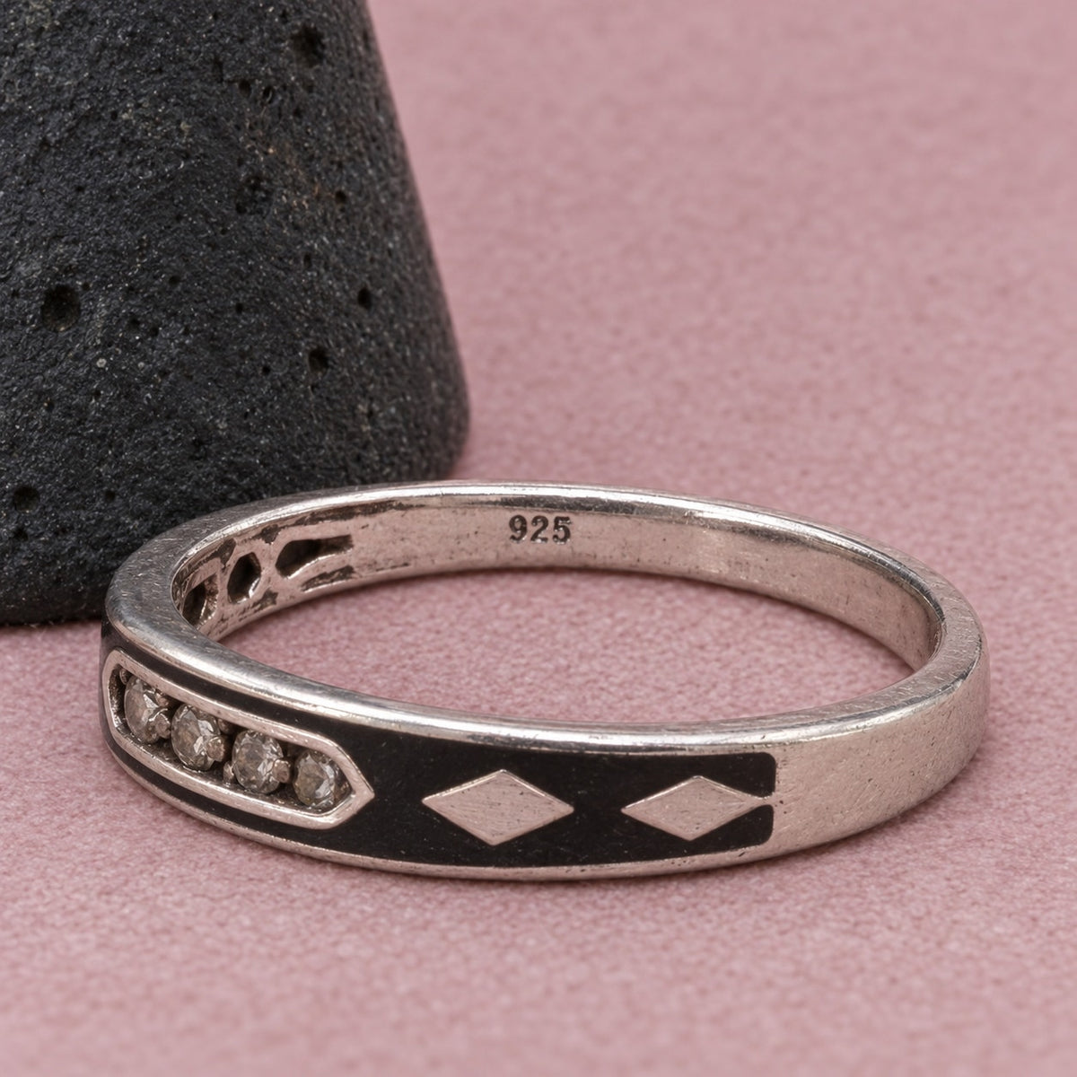 Kay Jewelers Sterling Silver Diamond Black Enamel Geometric Ring Size 7.75