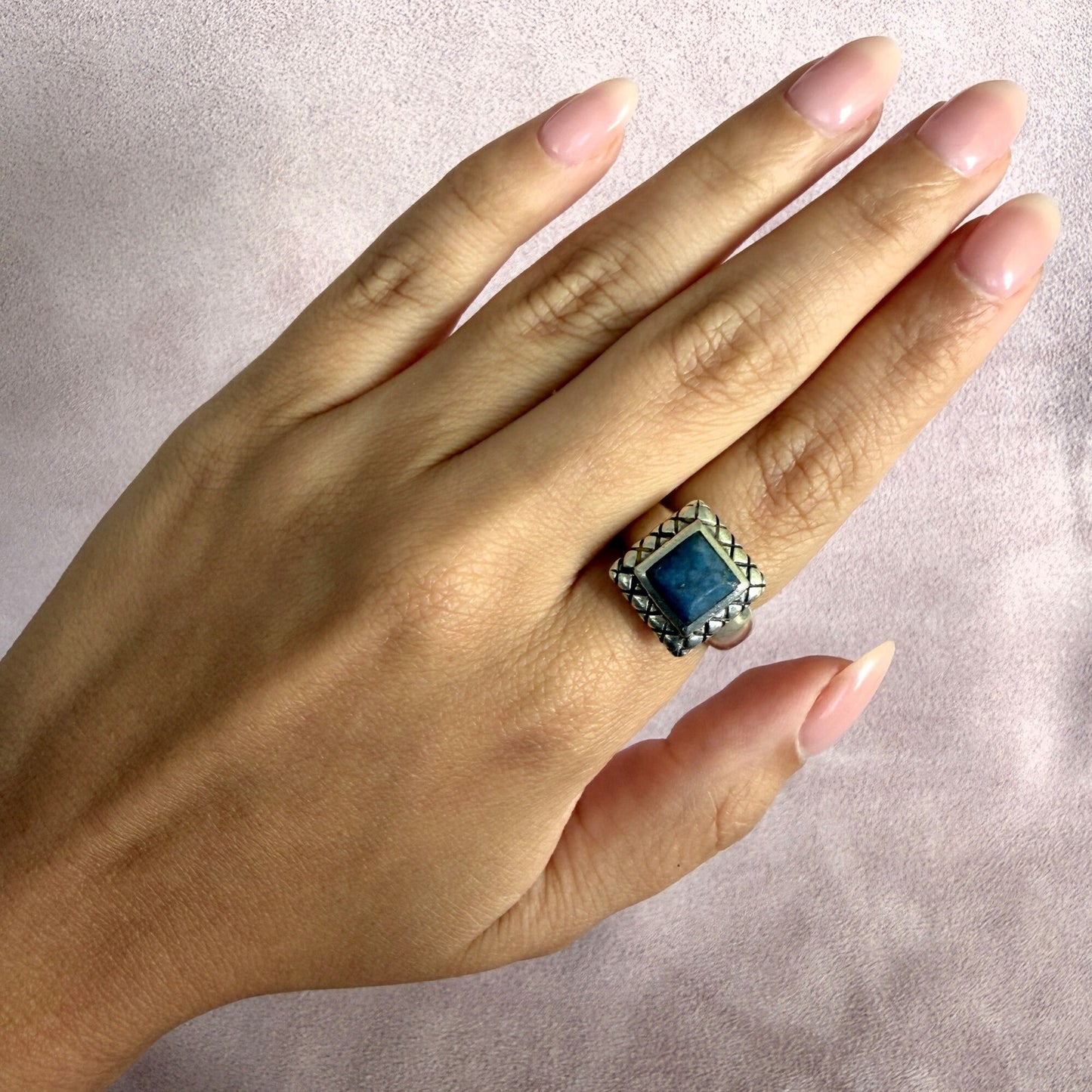 sterling silver quilted pattern lapis lazuli square ring size 6.75