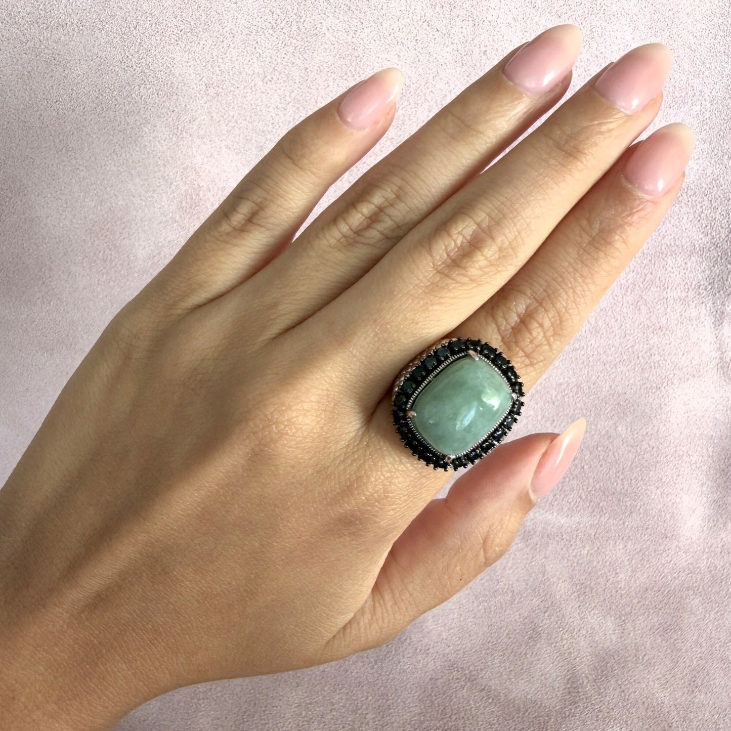 sterling silver jade & black tourmaline halo ring size 6