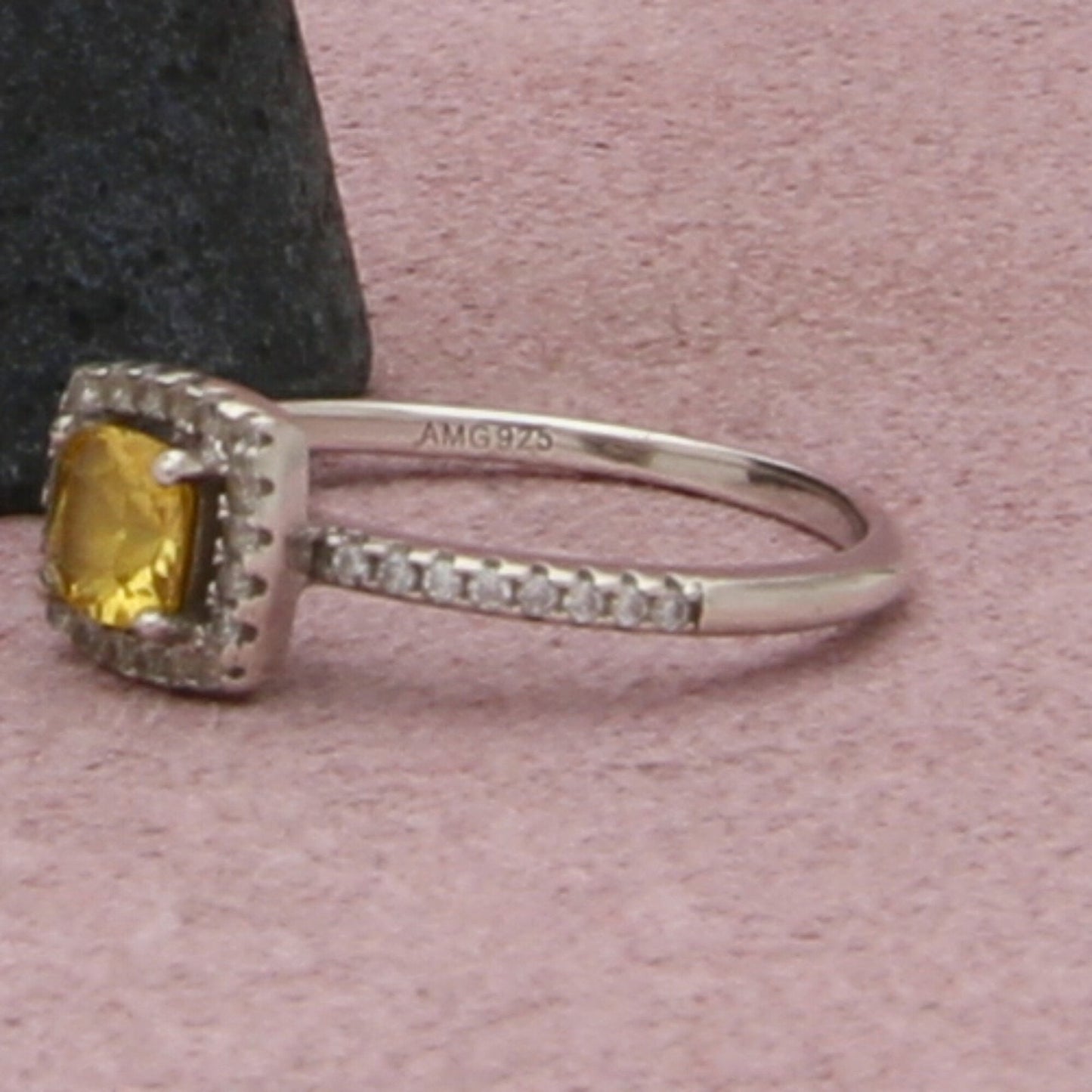 sterling silver cushion-cut yellow cz & halo ring size 8