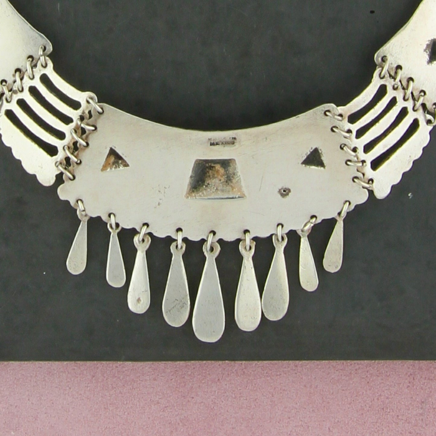 mexico sterling silver vintage filigree scroll fringe bib necklace size 18in