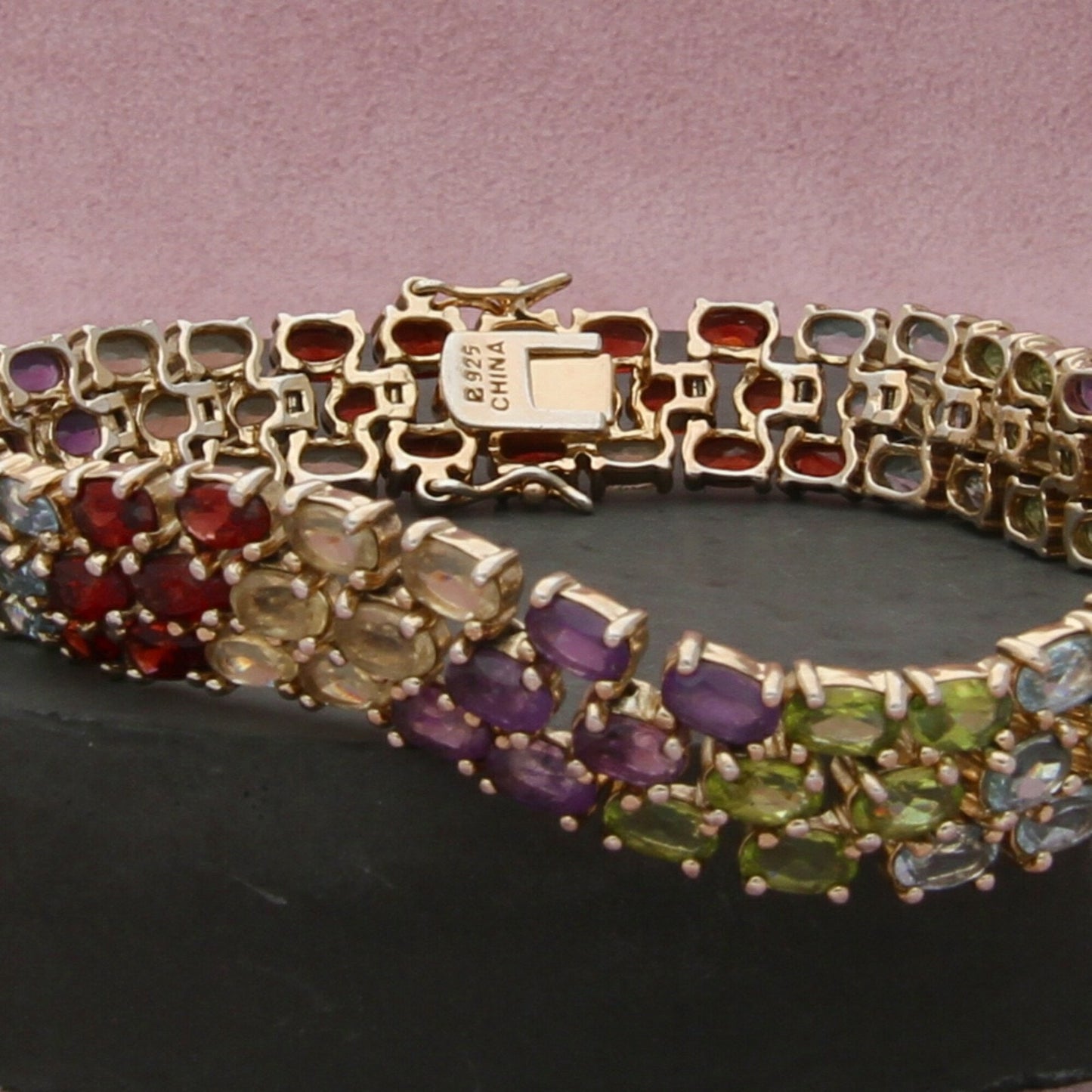 sterling silver gold plate garnet topaz amethyst tennis bracelet size 7in