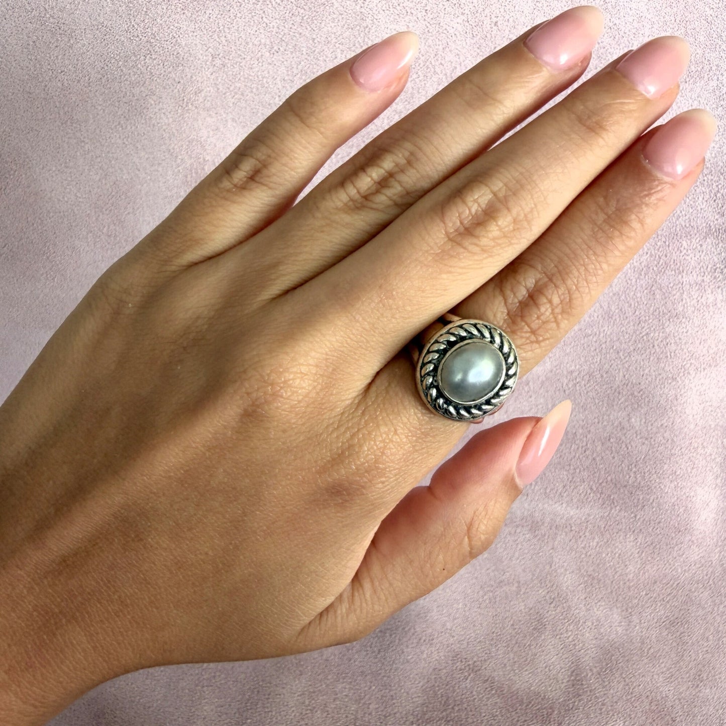 sterling silver braided grey pearl ring size 7