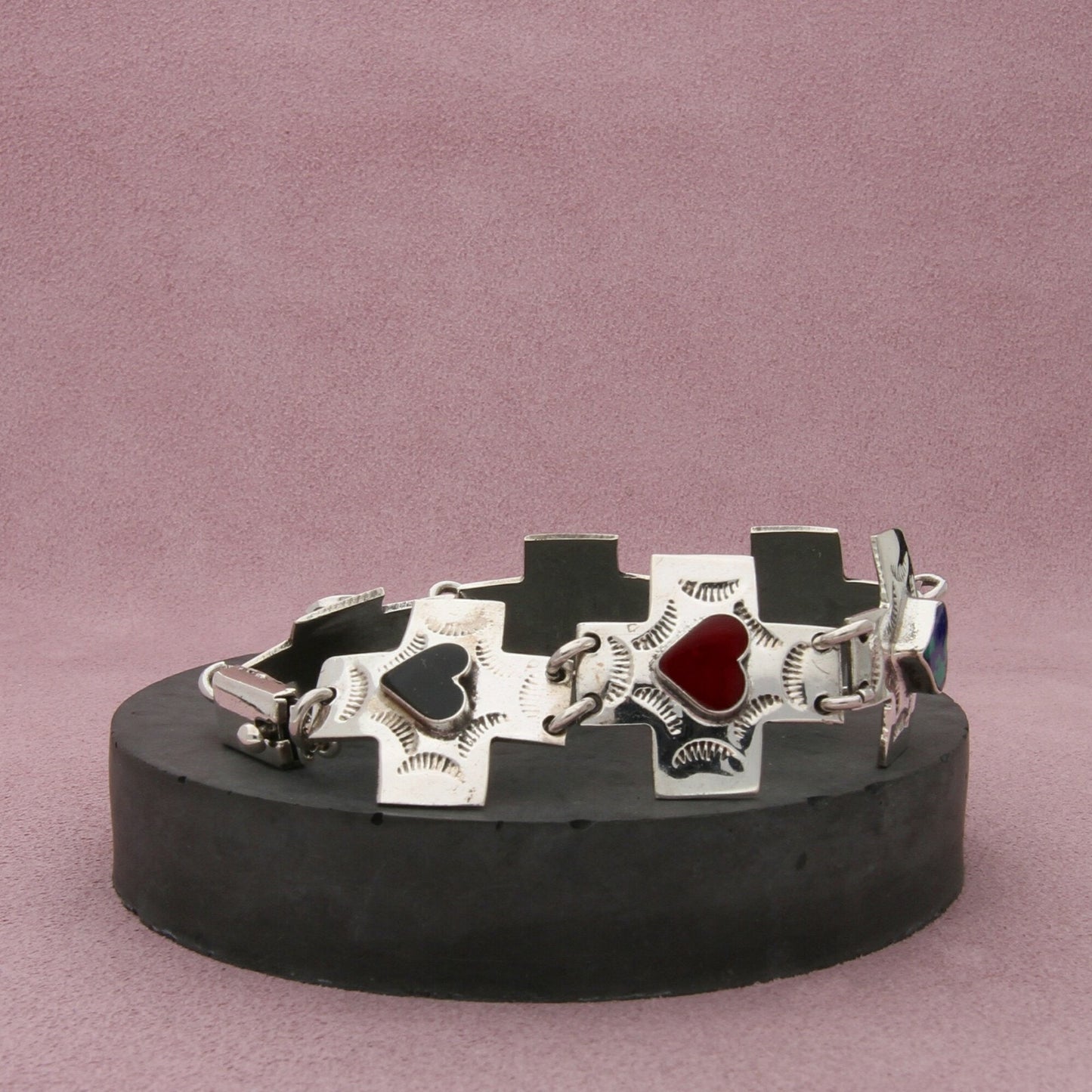 sterling silver vintage multi-stone hearts stamped cross bracelet size 7.25in