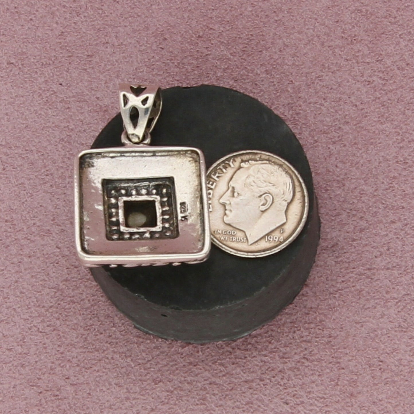 sterling silver white mother of pearl scroll square pendant