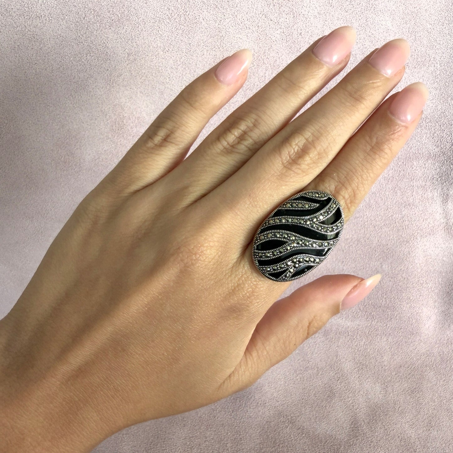 judith jack sterling silver onyx & marcasite studded zebra stripes ring size 6