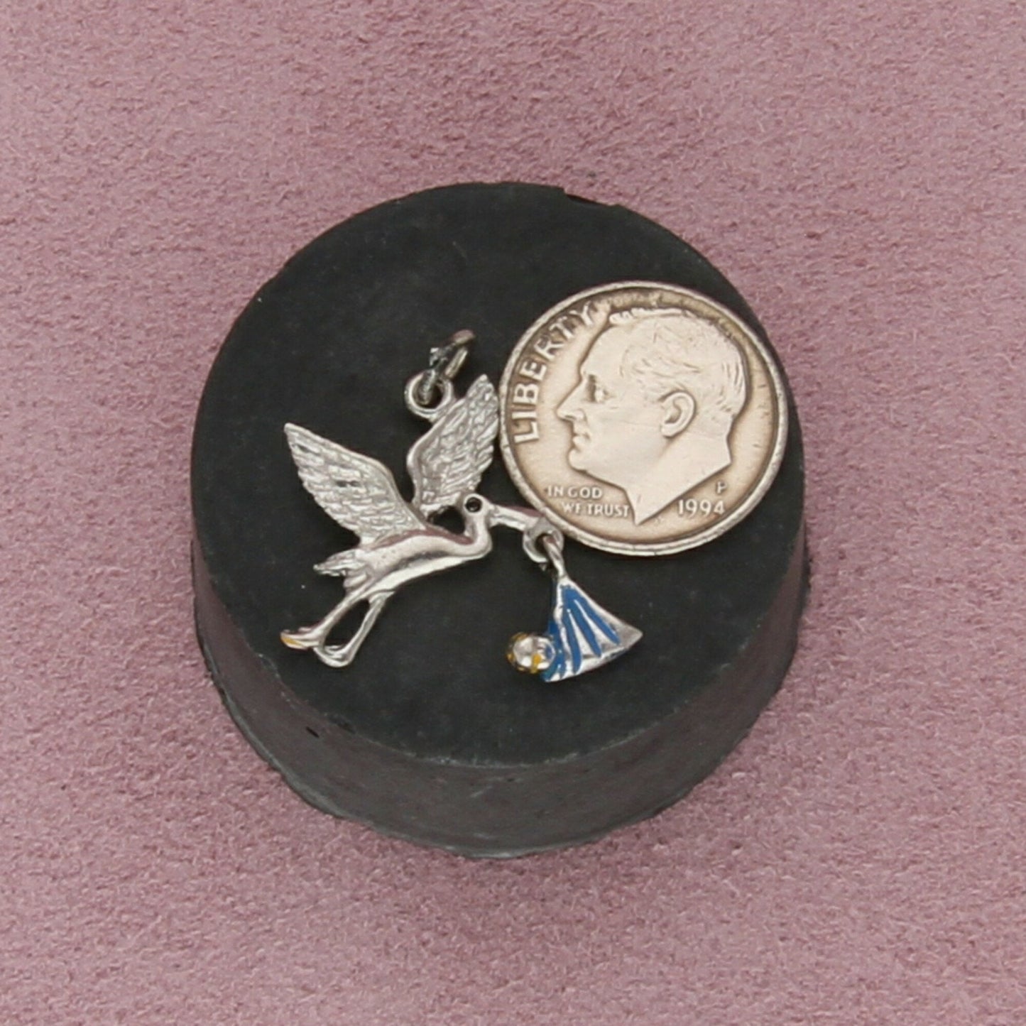 sterling silver vintage blue enamel stork & baby charm pendant