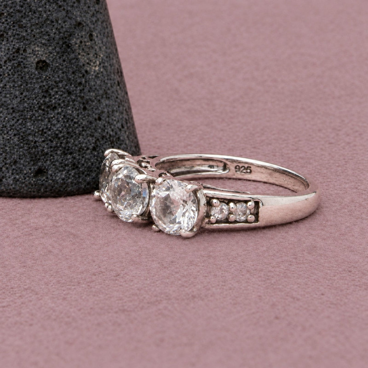 Sterling Silver White Topaz Three Stone Round-Cut Prong-Set Ring Size 7