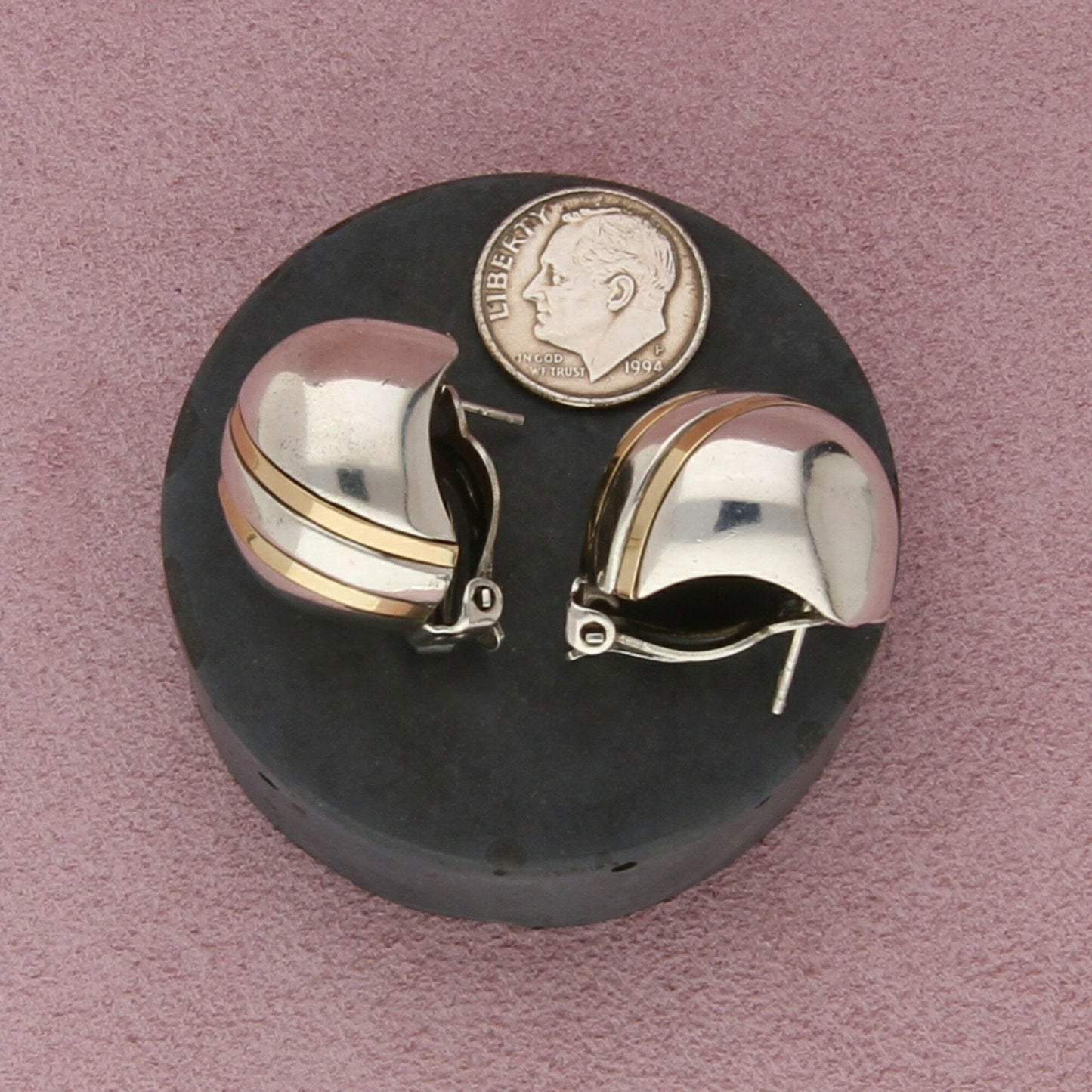sterling silver & 14k gold striped dome omega-back earrings