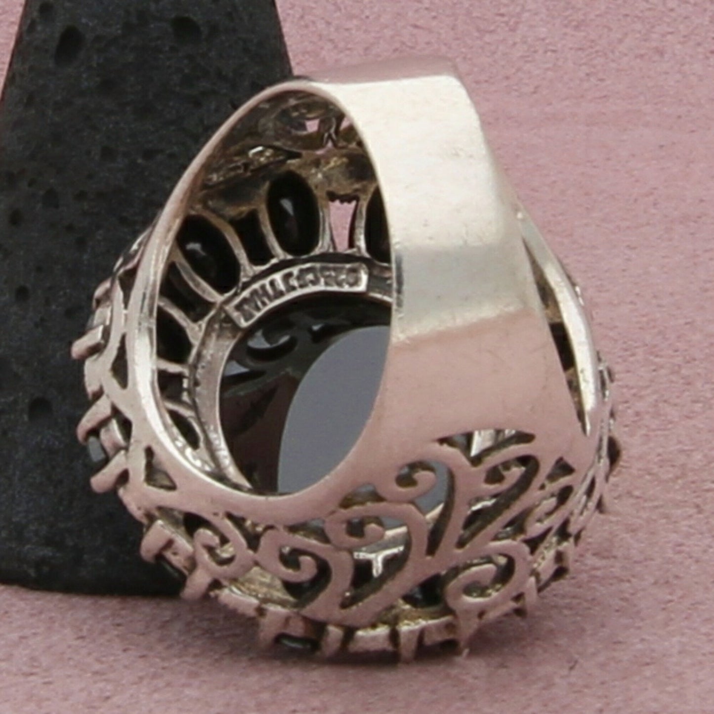 sterling silver chunky marcasite & black cz cocktail ring size 8.5