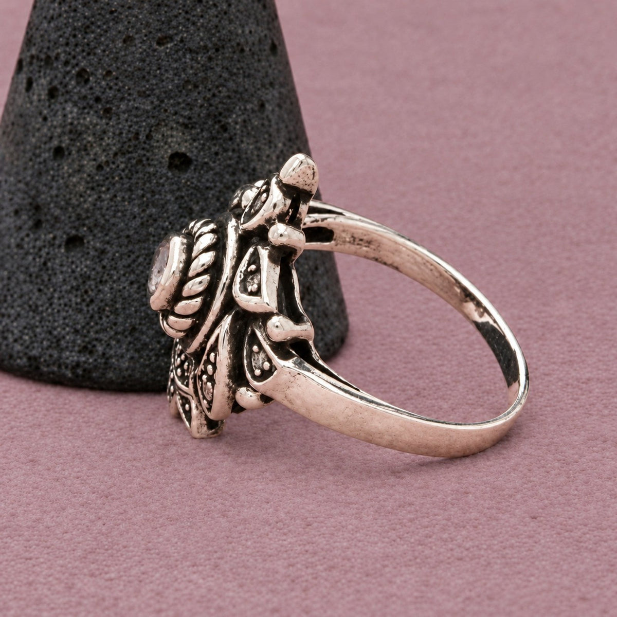 Sterling Silver Cz Kite-Shaped Design Scrollwork Openwork Ring Size 7.5
