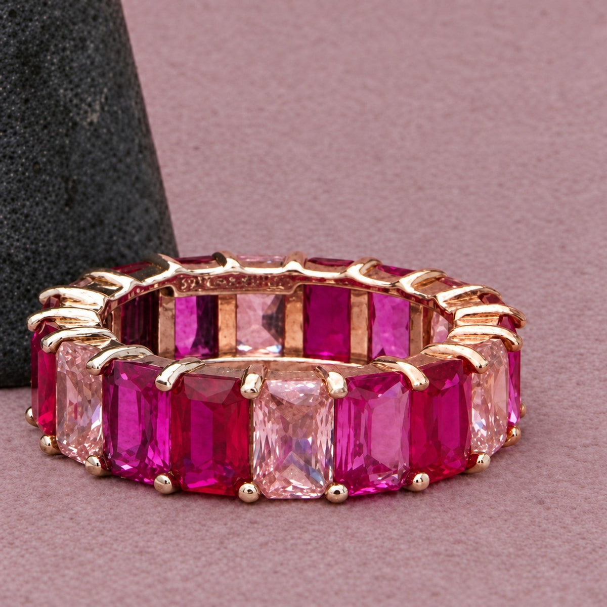 Sterling Silver Ruby & Pink Tourmaline Two Tone Eternity Rectangular-Cut Ring 8