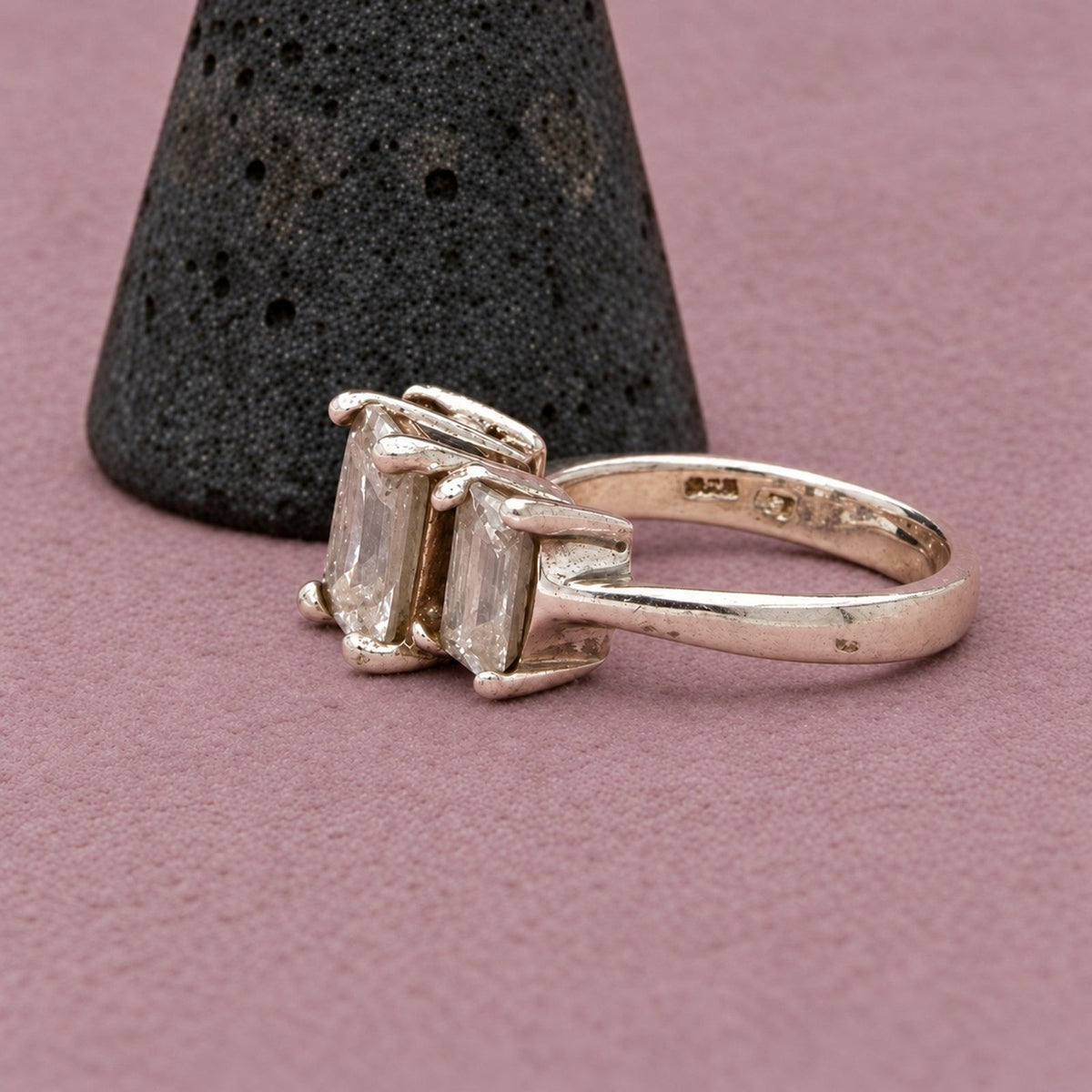 Sterling Silver Past Present Future Cz Three Stone Rectangular-Cut Ring 6.5
