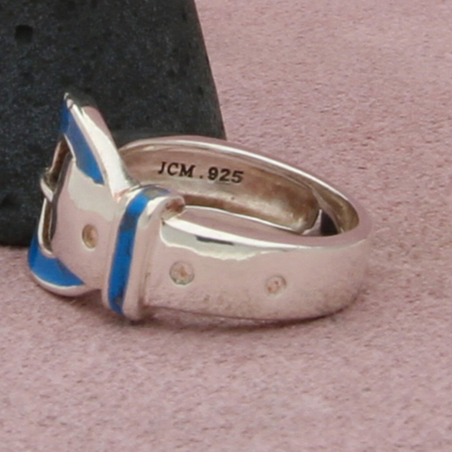 sterling silver blue enamel belt buckle band ring size 6