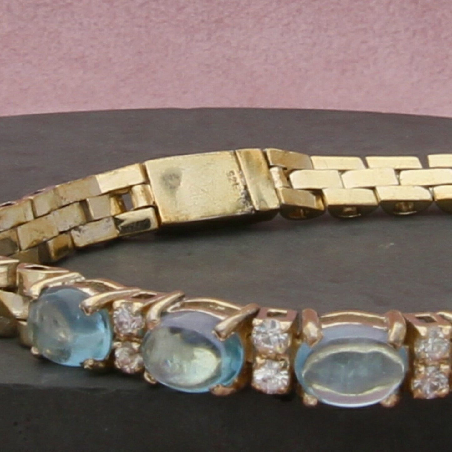 sterling silver gold plate blue topaz cabochon tennis bracelet size 7in