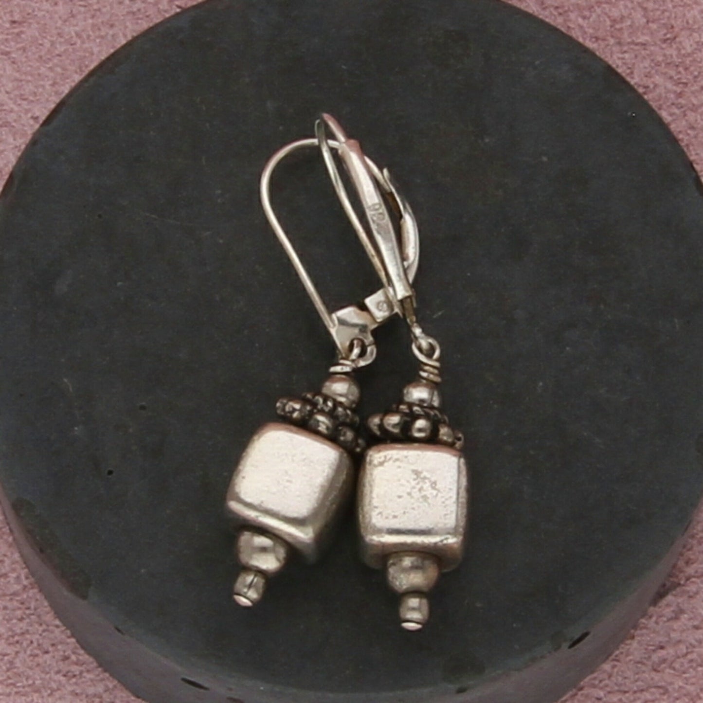 sterling silver vintage beaded block dangle earrings