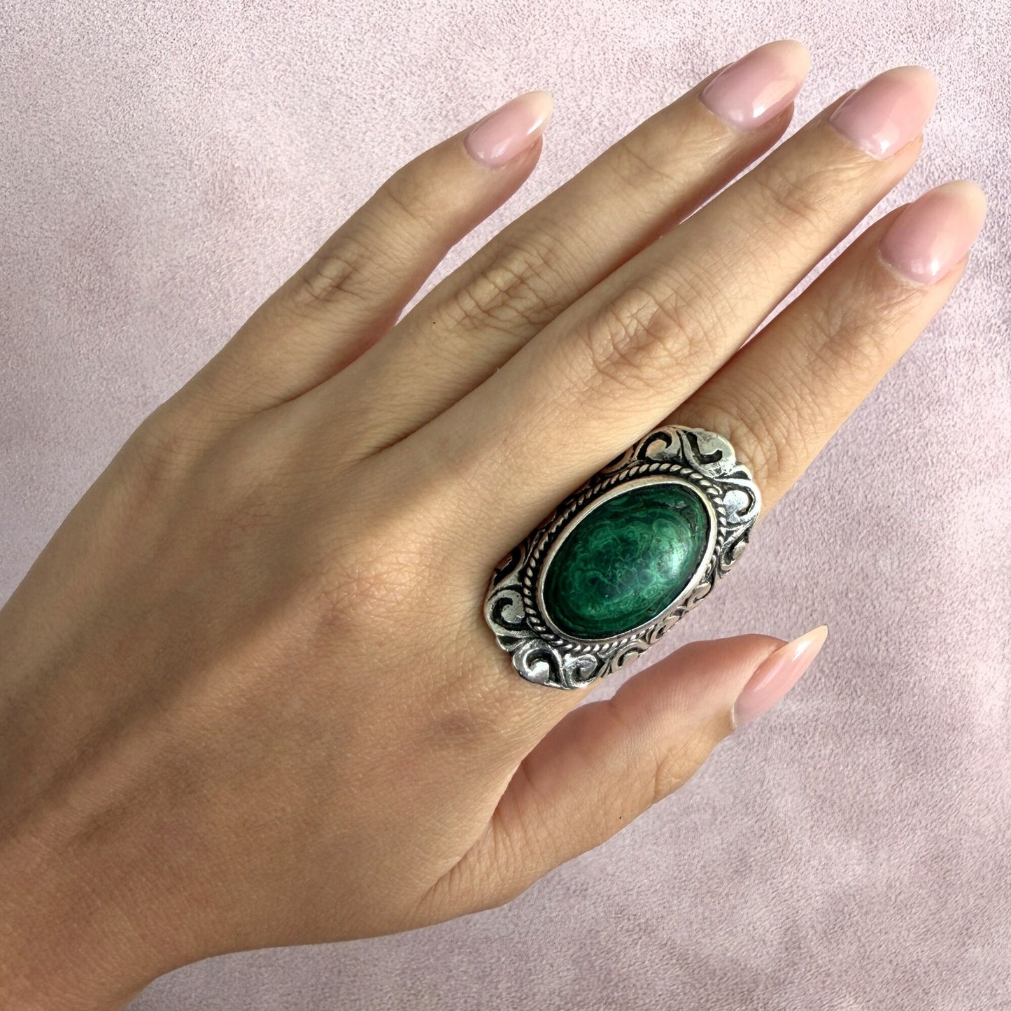 mexico sterling silver vintage elongated malachite scroll ring size 6