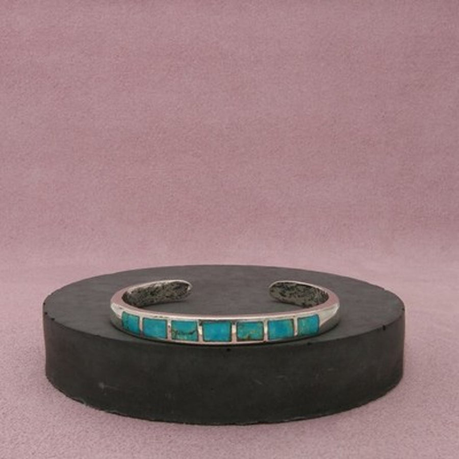 Navajo Sterling Silver Vintage Blue Turquoise Inlay Cuff Bracelet Size 5.5in