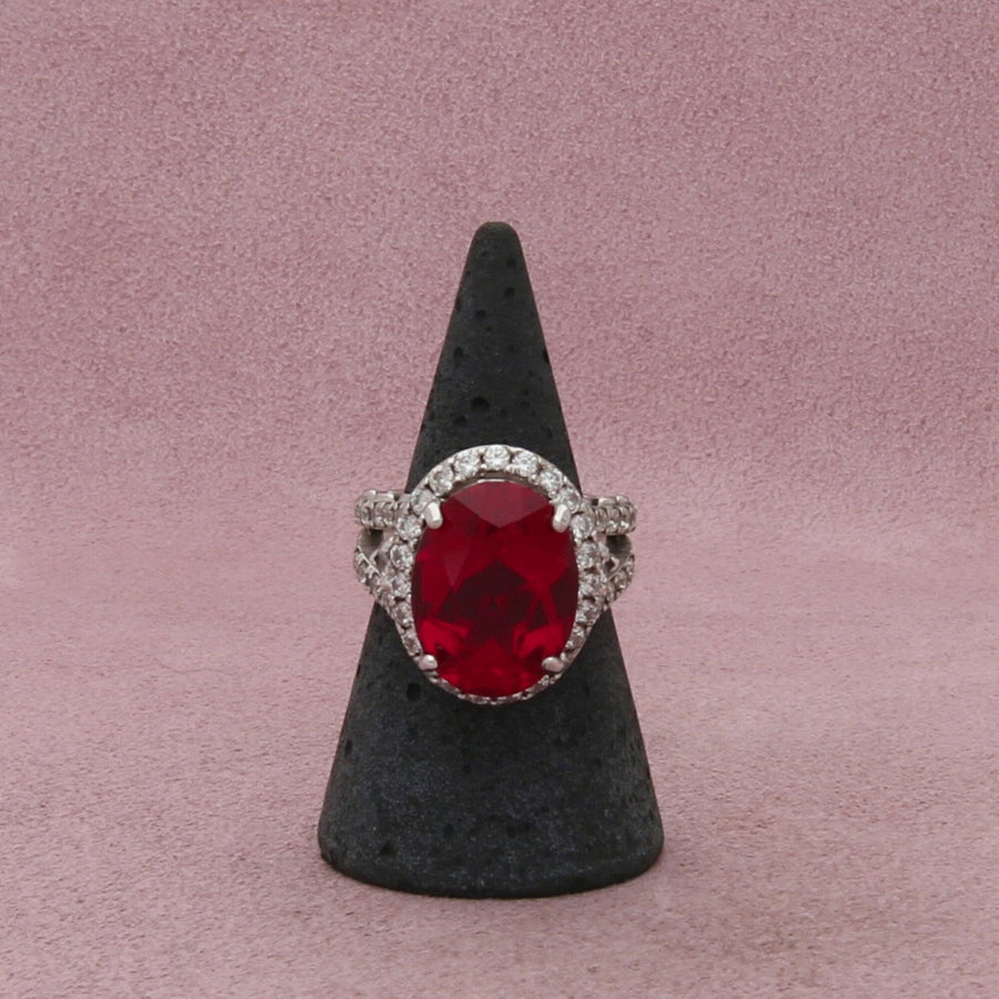 sterling silver oval-cut ruby & cz halo cocktail ring size 6.5