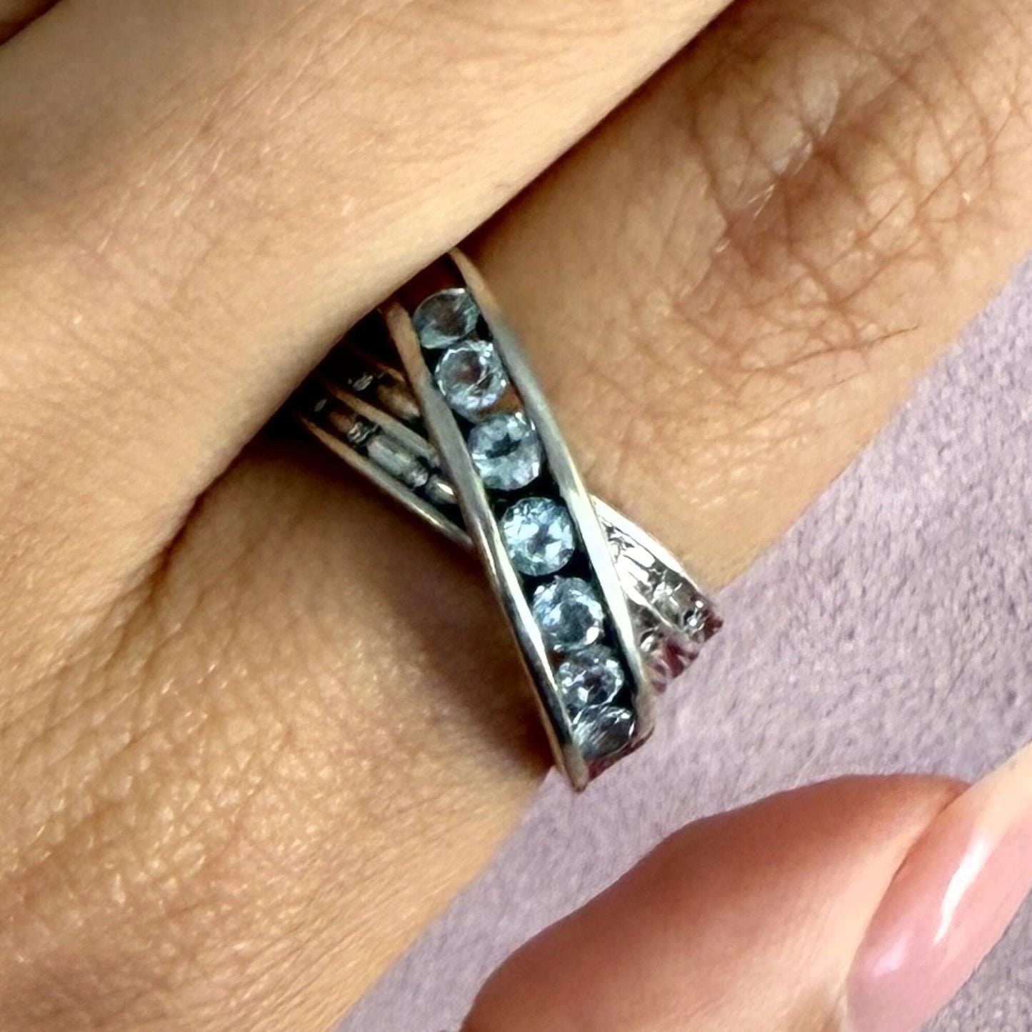 sterling silver diamond accent & blue topaz crossover ring size 7.25