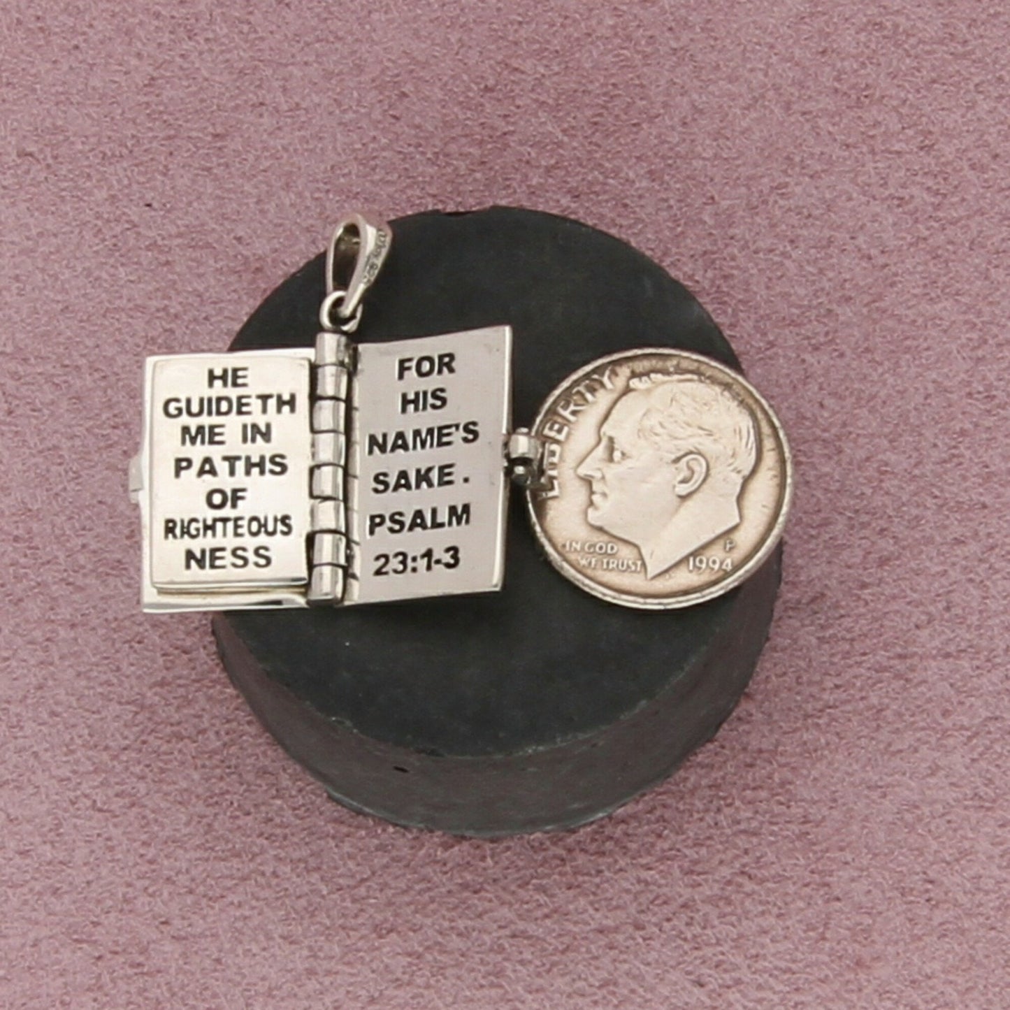 sterling silver vintage holy bible 23rd psalm multi-page locket (opens) pendant