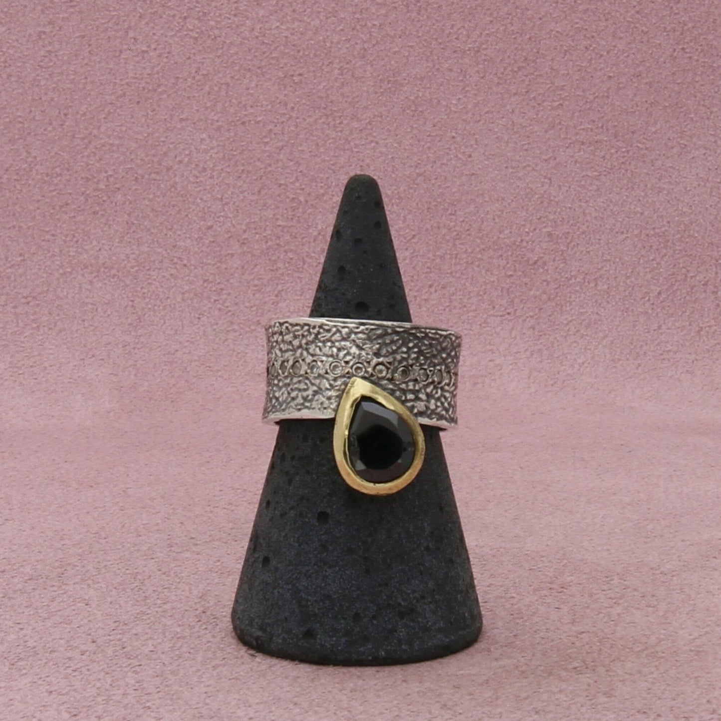 sterling silver brass accent black quartz band ring size 7.5