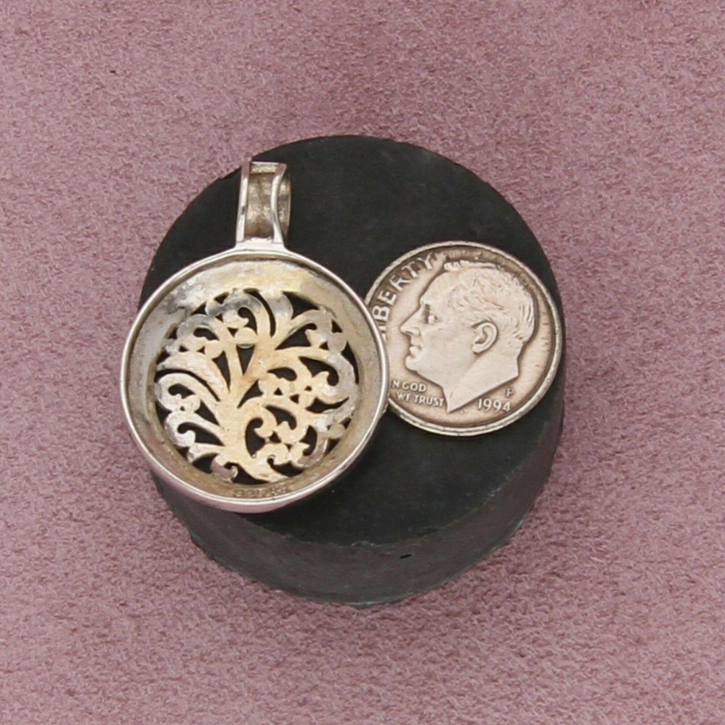 sterling silver scroll disc pendant