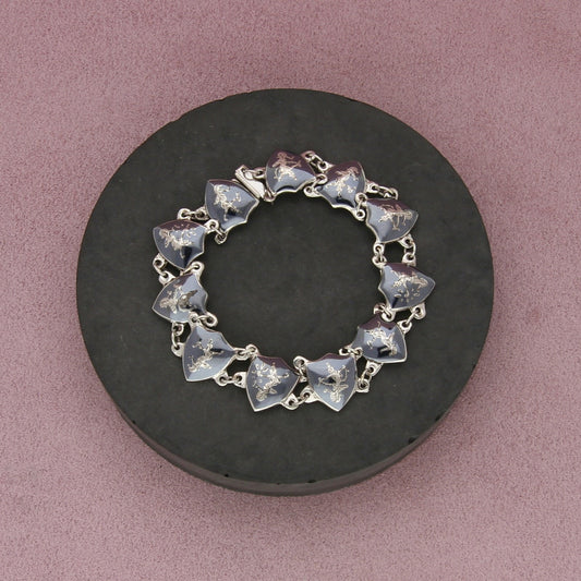 sterling silver vintage siam nielloware mekkala shield link bracelet size 7.25in