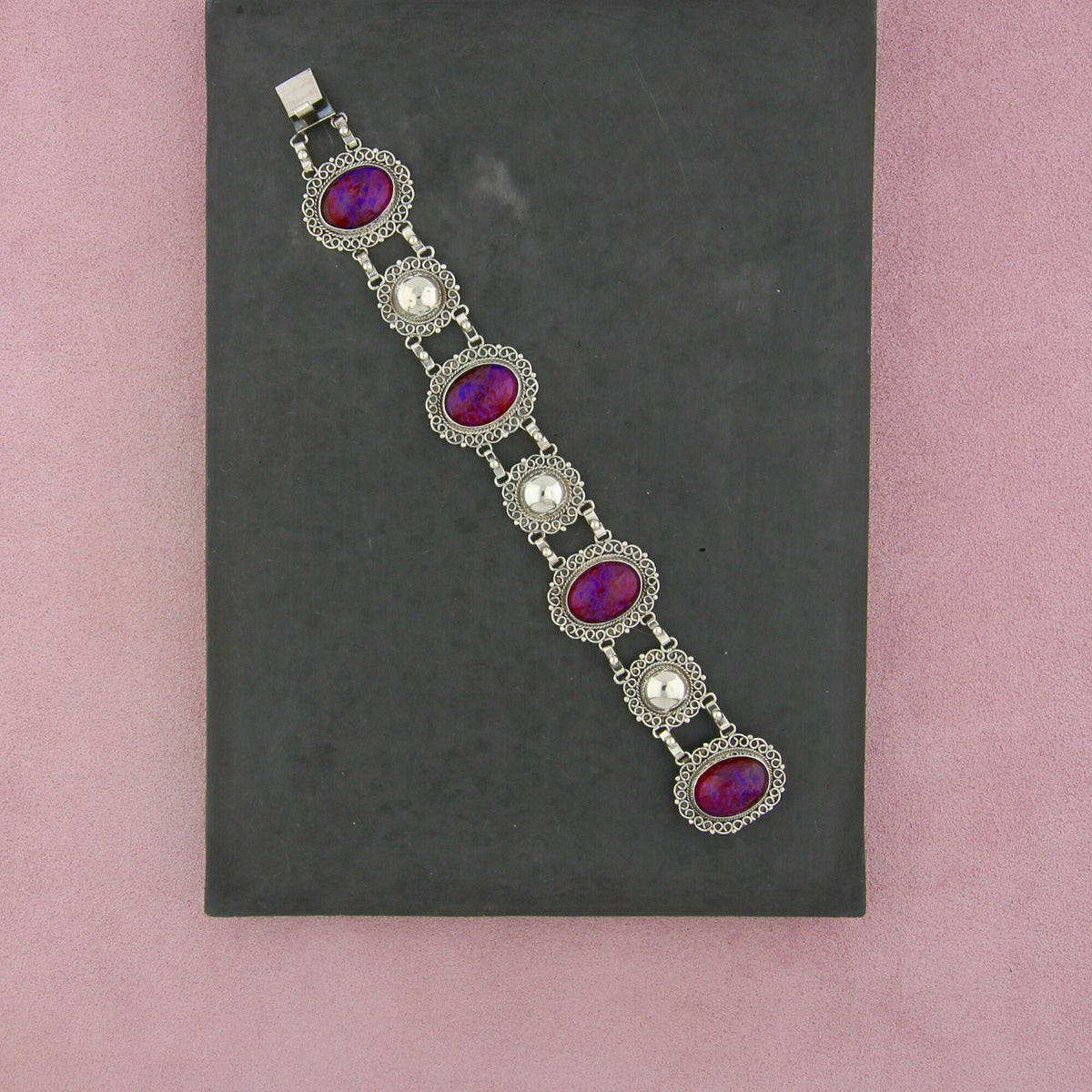 mexico sterling silver vintage dragons breath cabochon link bracelet size 7in