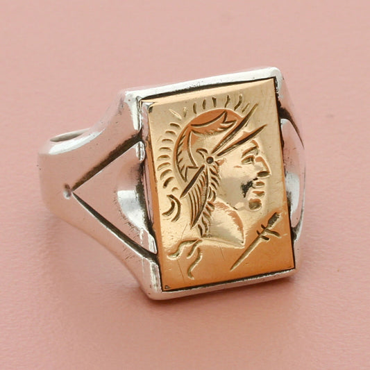 vintage sterling silver mens gold intaglio trojan warrior signet ring size 11.5