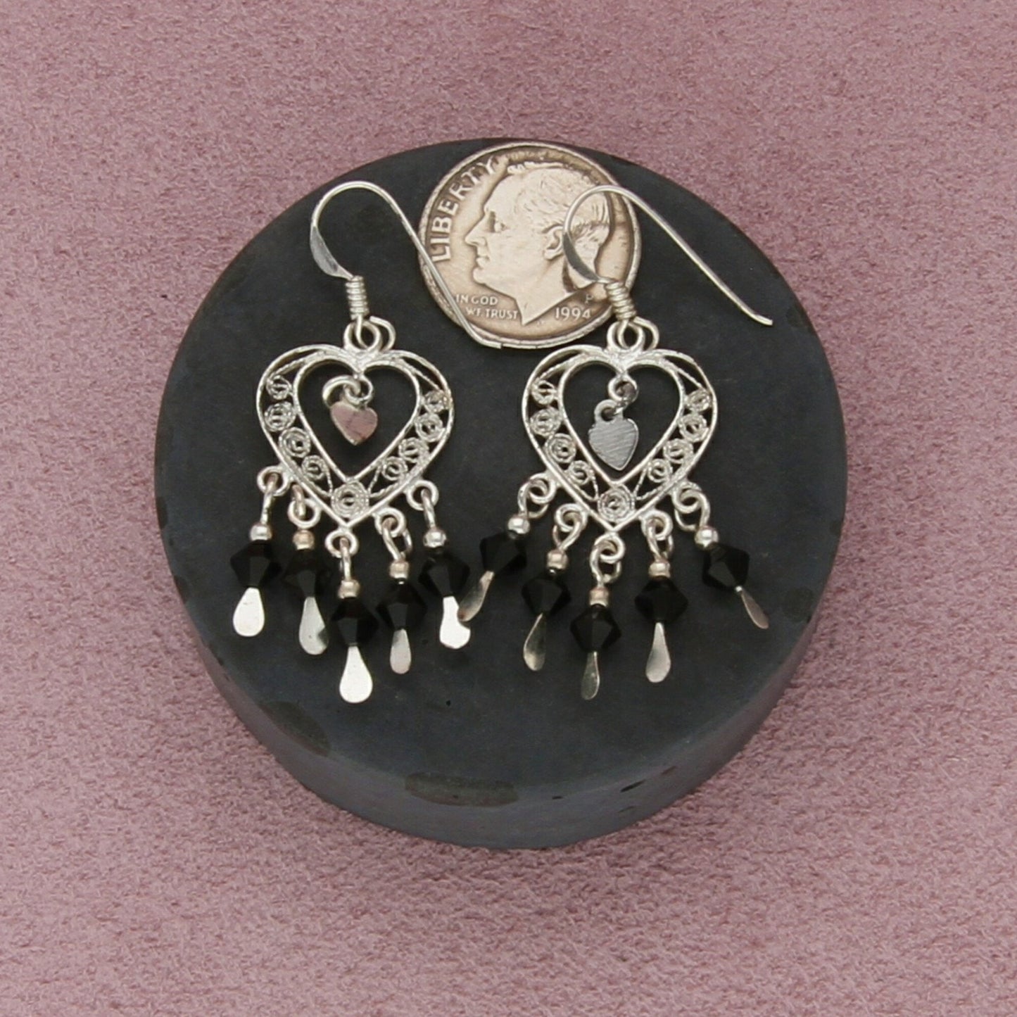 sterling silver filigree heart black bead fringe dangle earrings