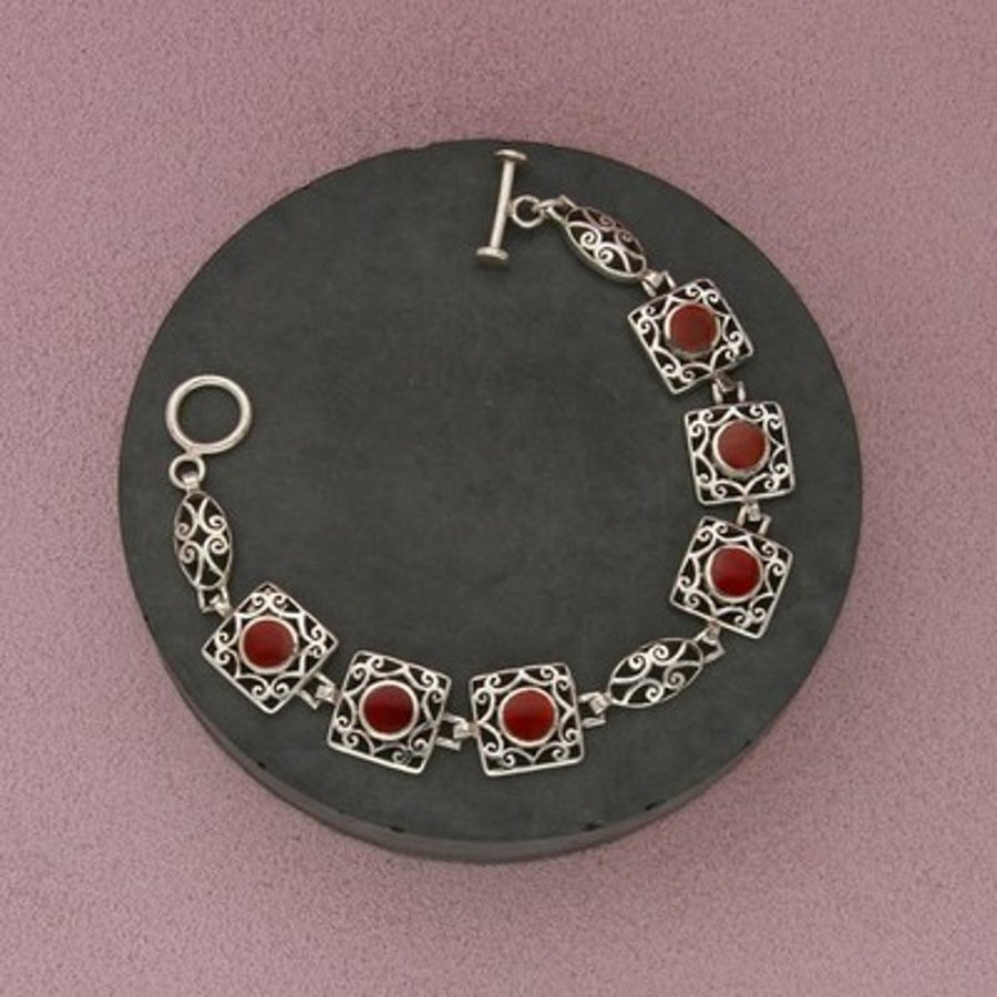 Sterling Silver Carnelian Openwork Scroll Toggle Panel Bracelet Size 6.75in