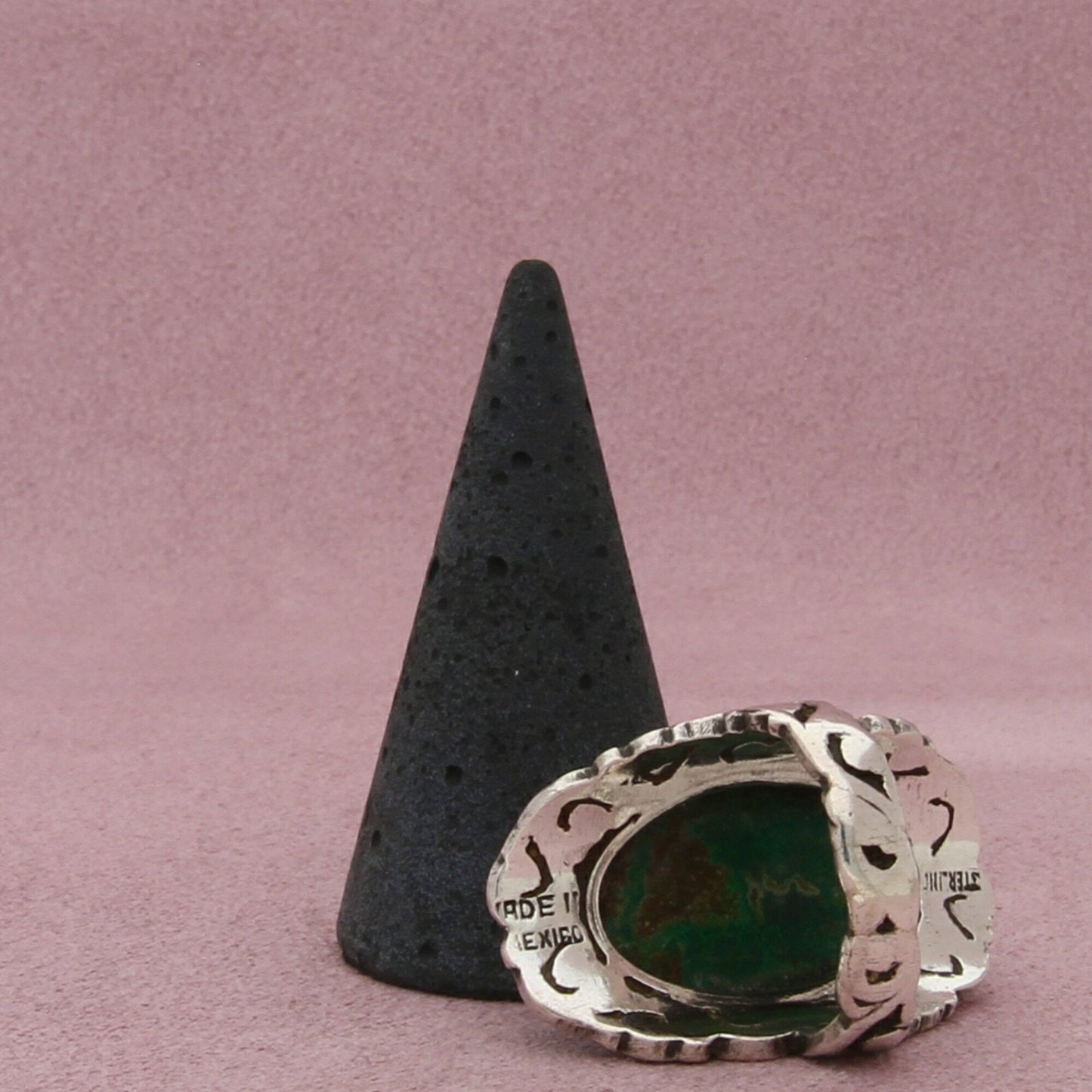 mexico sterling silver vintage elongated malachite scroll ring size 6