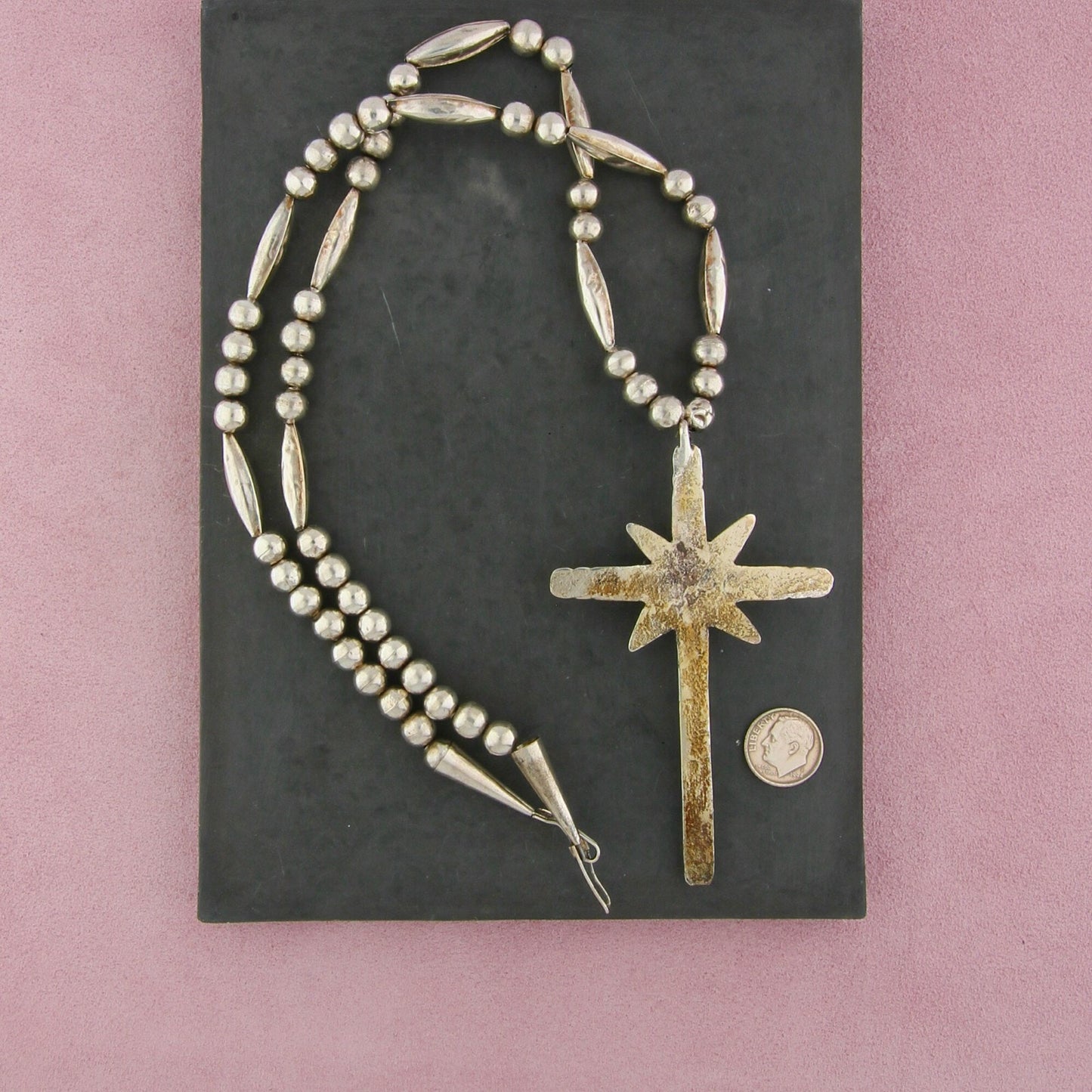 navajo sterling silver vintage huge turquoise cross bead necklace size 27in